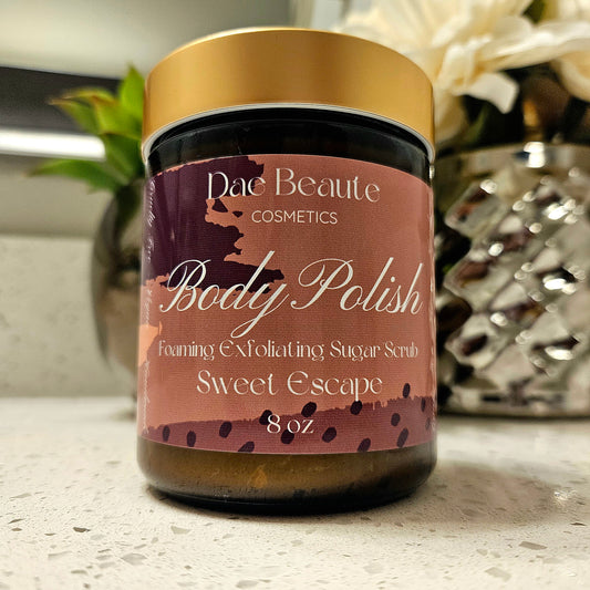 Sweet Escape Foaming Body Polish, Sugar Scrub Sweet Escape Foaming Body Polish  Embark on a journey of indulgence with our Sweet Escape Foaming Body Polish, a delightful fusion of skincare and sensory bliss. This luxurious body polish is meticulously crafted to transport you to a world of sweetness, leaving your skin polished, rejuvenated, and infused with the essence of a sweet escape. Immerse yourself in the enchanting experience of self-care with this irresistible foaming body polish.